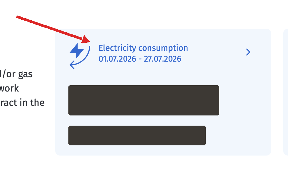 The Electricity consumption card arrowed; the kWh and euro figures are blacked out