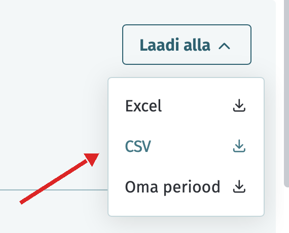Avatud Laadi alla menüü, nool osutab CSV valikule