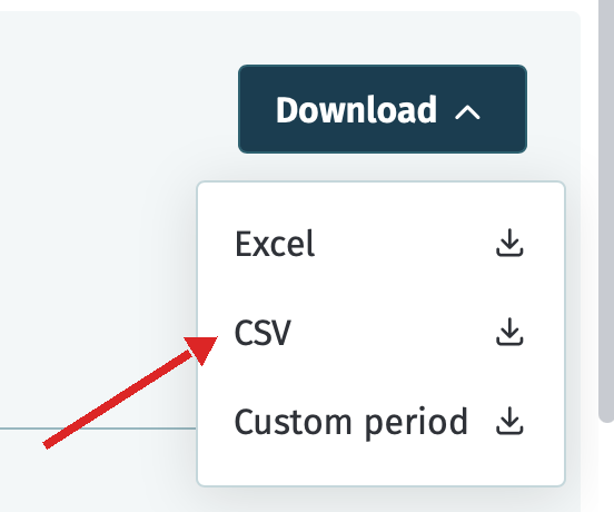 The Download menu open with an arrow on the CSV option